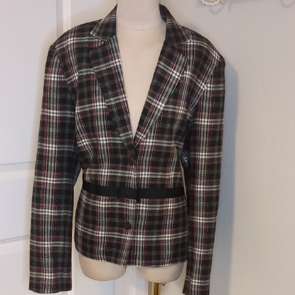 Bob Mackie Jackets & Blazers - Vintage 80s Bob Mackie Black Pink Plaid Blazer Bow Detail Office Career SZ 16